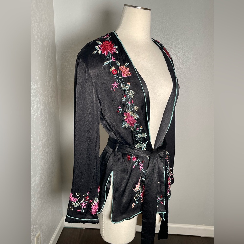Free People Black Floral Embroidered Kimono Jacket